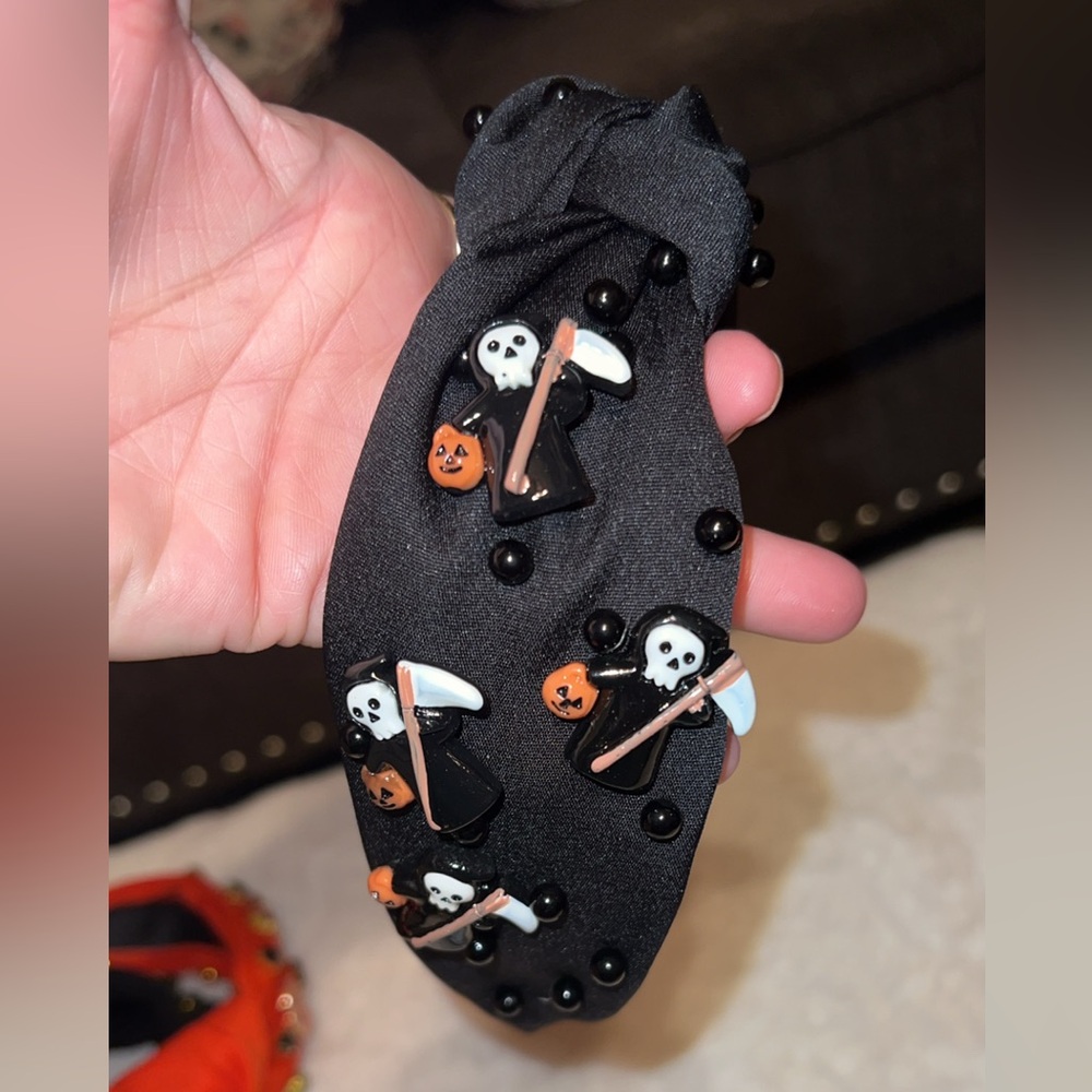 Halloween Rhinestone Top Knot Bling Headband with Grim Reaper